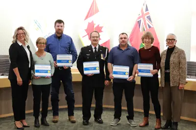 CAO Sandra Zwiers and Warden Hilda MacDonald with those recognized for innovation at the 2024 Employee Excellence Awards.