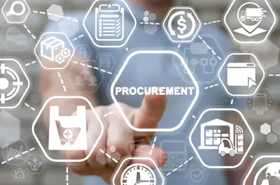 A finger points to the word "procurement" surrounded by images of items and services that can be purchased.