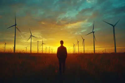 A man looking a wind turbines as the sun sets