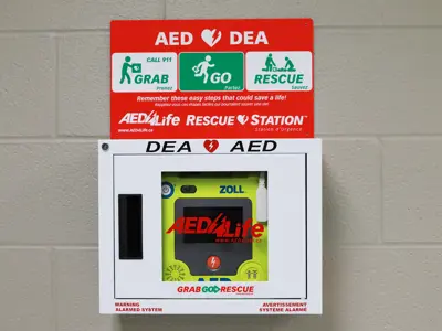 An AED in a cabinet